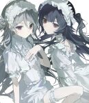  2girls black_hair bow bowtie buttons center_frills choker collared_shirt commission corset dress frilled_dress frilled_hairband frilled_shirt_collar frilled_thigh_strap frills grey_hair hair_between_eyes hair_bun hairband highres lolita_fashion lolita_hairband long_hair multiple_girls original puffy_short_sleeves puffy_sleeves red_eyes shirt short_sleeves simple_background skirt thigh_strap two_side_up white_background white_bow white_bowtie white_choker white_corset white_dress white_hairband white_skirt yukhoe_(kaje7pi) 