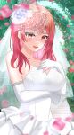  1girl absurdres alternate_costume arm_under_breasts breasts dress elbow_gloves flower gloves hair_flower hair_ornament highres hololive hololive_dev_is ichijou_ririka open_mouth orange_eyes orange_hair pink_hair rain_lambda smile solo virtual_youtuber wedding_dress white_dress white_flower white_gloves 