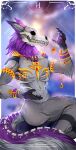 ambiguous_gender american_mythology anthro biceps blurred_background bone canid canine canis clothing fangs gold_(metal) gold_jewelry grey_body hi_res hynvale indigenous_north_american_mythology jaws jewelry legwear looking_at_another mammal mythology neck_tuft north_american_mythology pinup pose purple_body skeleton skinny_anthro skull skull_head solo tail teeth thigh_highs tuft umbri_(cmalice) undead wendigo wolf