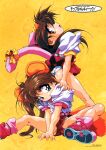  1990s_(style) 2girls animal_ears aqua_eyes ass brown_hair chap_(chip-chan_kick!) chip-chan_kick! chip_(chip-chan_kick!) copyright_name copyright_notice fake_animal_ears highres long_hair looking_at_viewer miniskirt multiple_girls non-web_source official_art panties photoshop_(medium) profile red_eyes retro_artstyle ribbon shoe_soles shoes short_shorts short_sleeves shorts simple_background sitting sitting_on_person skirt sneakers tail tail_ornament tail_ribbon underwear v_arms white_panties yanagi_hirohiko yellow_background 