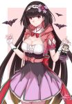  1girl bangs bat black_hair blush bow breasts brown_hair chaldea_uniform character_doll cleavage cloak commentary_request cowboy_shot dated eyebrows_visible_through_hair fate/grand_order fate_(series) fujimaru_ritsuka_(male) gradient_hair hair_ornament hairband highres hood hood_down hooded_cloak long_hair low_twintails medium_breasts multicolored_hair origami osakabe-hime_(fate/grand_order) puffy_short_sleeves puffy_sleeves purple_eyes purple_skirt sash short_sleeves signature skirt solo standing twintails unique_(pixiv12704744) very_long_hair 