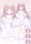  1girl :o animal_ear_fluff animal_ears animal_slippers bare_shoulders blush bow bow_choker brown_hair bunny_slippers buttons candy character_name choker closed_mouth coat coat_partially_removed collarbone colored_inner_hair dot_nose dress fingernails flat_chest floating_hair food frilled_dress frilled_hairband frilled_thigh_strap frills full_body hair_bow hair_ornament hair_over_shoulder hairband hairclip heart heart-shaped_food heart-shaped_lollipop highres holding holding_stylus indie_virtual_youtuber lollipop long_hair looking_at_viewer multicolored_hair multiple_hair_bows multiple_views nail_polish omochi_monaka omochi_monaka_(vtuber) open_clothes open_coat pink_background pink_bow purple_bow purple_choker purple_dress purple_eyes purple_hair purple_nails purple_ribbon rabbit_ears ribbon shaped_lollipop short_dress sidelocks single_sleeve_past_fingers sleeve_ribbon sleeves_past_fingers sleeves_past_wrists slippers spaghetti_strap standing straight-on stylus sundress tachi-e thigh_strap two-tone_hair virtual_youtuber wavy_hair white_coat white_slippers 