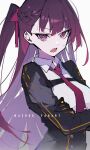  1girl absurdres bright_pupils character_name collared_shirt commentary crossed_arms english_text girls&#039;_frontline highres long_hair lower_teeth_only necktie one_side_up open_mouth priest77 purple_eyes purple_hair red_necktie shirt simple_background solo teeth upper_body wa2000_(girls&#039;_frontline) white_background white_pupils white_shirt 