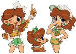  3girls baby_daisy baby_daisy_(touring) blue_eyes blush_stickers brown_hair dolphin_shorts earrings fingerless_gloves flower_earrings gloves green_shorts hat highres jacket jewelry looking_at_viewer mario_(series) mario_kart mario_kart_world mimimi_(mimimim9999) multiple_girls multiple_views navel official_alternate_costume one_eye_closed open_mouth orange_gloves orange_jacket orange_shorts orange_sports_bra princess_daisy princess_daisy_(swimwear)_(mario_kart_world) princess_daisy_(touring) short_shorts shorts simple_background sports_bra white_background white_hat 