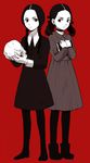  addams_family black_eyes black_hair book braid crossover dress esther_(orphan) momitarou multiple_girls orphan pantyhose red_background simple_background skull spot_color twin_braids twintails unmoving_pattern wednesday_addams 