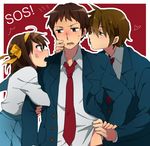  2boys anger_vein arm_hug brown_eyes brown_hair hapoa kiss kita_high_school_uniform koizumi_itsuki kyon multiple_boys one_eye_closed school_uniform serafuku short_hair suzumiya_haruhi suzumiya_haruhi_no_yuuutsu 