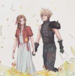  1boy 1girl aerith_gainsborough armor armored_gloves bandaged_arm bandages bangle belt black_pants blonde_hair blue_shirt bracelet braid braided_ponytail brown_hair bug butterfly choker cloud_strife couple cropped_jacket dress falling_petals feet_out_of_frame final_fantasy final_fantasy_vii final_fantasy_vii_rebirth final_fantasy_vii_remake flower furrowed_brow green_eyes grey_eyes hair_between_eyes hair_ribbon hetero highres holding holding_hands holding_paper interlocked_fingers jacket jewelry light_blush lily_(flower) long_dress long_hair looking_at_another multiple_belts pants paper parted_bangs pauldrons petals pink_dress pink_ribbon red_jacket ribbon shirt short_hair short_sleeves shoulder_armor sidelocks single_bare_shoulder single_braid single_pauldron sleeveless sleeveless_turtleneck spiked_hair suspenders turtleneck walking yellow_flower yellow_petals yuu_crazy_doll_sae 