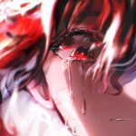  1girl absurdres blurry brown_hair close-up commentary cracked_skin crying crying_with_eyes_open eshatinaaaa extra_pupils eye_focus eyelashes glowing glowing_eyes hair_between_eyes highres looking_at_viewer portrait re:zero_kara_hajimeru_isekai_seikatsu red_eyes russian_commentary shaula_(re:zero) simple_background solo tears variant_set 