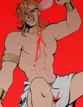  1boy alcohol armlet blonde_hair bracelet character_name clothes_writing collar cup dio_brando drinking_glass earrings film_grain gold_armlet gold_bracelet gold_collar highres holding holding_cup hoop_earrings jewelry jojo_no_kimyou_na_bouken komiya_harumoto loincloth looking_down male_focus messy_hair multiple_bracelets muscular muscular_male pouring pouring_onto_self red_background red_eyes solo topless_male white_loincloth wine wine_glass 