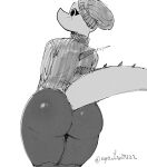 2025 anthro artist_name back_spikes beanie big_butt black_and_white bubble_butt butt cavemanon_studios clothing dinosaur erin_(snoot_game) espectro111222 female hat headgear headwear hi_res huge_hips huge_thighs long_tail monochrome prehistoric_species reptile scalie signature snoot_game snout solo spiked_tail spikes spikes_(anatomy) sweater tail text thick_thighs topwear wide_hipped_anthro wide_hipped_female wide_hips