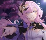  1girl black_gloves blue_eyes breasts cherry cleavage commentary corset elf elysia_(honkai_impact) elysia_(miss_pink_elf)_(honkai_impact) english_commentary food fruit gloves hair_ornament honkai_(series) honkai_impact_3rd iceyzumii large_breasts long_hair looking_at_viewer night night_sky outdoors parted_lips pink_hair pink_nails pointy_ears single_glove sky solo tree upper_body white_corset 