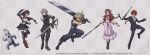 2girls 3boys aerith_gainsborough armor armored_gloves armpits baggy_pants bangle bare_shoulders baton_(weapon) belt black_boots black_bra black_gloves black_hair black_jacket black_pants black_shoes black_skirt black_suit black_thighhighs blonde_hair blue_pants blue_shirt boots bra bracelet braid braided_ponytail breasts brown_boots brown_gloves brown_hair buster_sword choker clenched_hand closed_mouth cloud_strife collared_shirt crop_top cropped_jacket dragon_quest_tact dress earrings elbow_gloves facial_mark fighting_stance final_fantasy final_fantasy_vii final_fantasy_vii_ever_crisis fingerless_gloves flower_choker full_body gloves goggles goggles_on_head grey_background grey_hair hair_between_eyes hair_ribbon hair_tie highres holding holding_baton_(weapon) holding_staff holding_sword holding_weapon jacket jewelry long_dress long_hair low-tied_long_hair low_ponytail medium_breasts midriff miniskirt multiple_belts multiple_boys multiple_girls navel official_art open_mouth pants parted_bangs pauldrons pink_dress pink_ribbon pleated_skirt ponytail red_boots red_hair red_jacket reno_(ff7) ribbon sabotender sephiroth sephiroth_(ever_crisis) shirt shoes short_hair short_hair_with_long_locks shoulder_armor sidelocks single_bare_shoulder single_braid skirt sleeveless sleeveless_shirt smile spiked_hair sports_bra square_enix staff suit suit_jacket suspenders sword thighhighs tifa_lockhart underwear weapon white_shirt 