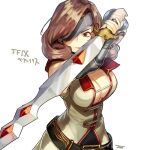  1girl beatrix_(ff9) belt breasts brown_hair character_name copyright_name final_fantasy final_fantasy_ix gauntlets holding holding_sword holding_weapon large_belt large_breasts long_hair red_eyes signature simple_background solo sword upper_body weapon white_background zyunya 