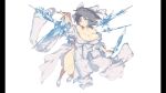  1girl absurdres blue_eyes blue_sandals bow breasts cleavage crystal_sword floating floating_object floating_weapon grey_hair groin hair_bow highres holding ice japanese_clothes kimono large_bow large_breasts medium_hair non-web_source official_art parted_bangs pillarboxed sandals senran_kagura senran_kagura_burst_re:newal socks solo sword weapon white_background white_bow white_kimono white_socks yaegashi_nan yumi_(senran_kagura) 