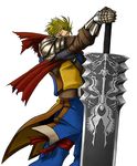  1boy armor blonde_hair blue_eyes huge_sword huge_weapon knight nigtouab scar scarf siegfried_schtauffen solo soul_calibur sword warrior weapon 