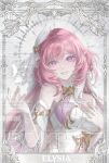  1girl absurdres breasts character_name commentary corset diamond-shaped_pupils diamond_(shape) do_myzu elf elysia_(herrscher_of_human:_ego)_(honkai_impact) elysia_(honkai_impact) english_commentary highres honkai_(series) honkai_impact_3rd large_breasts long_hair pink_hair pointy_ears purple_eyes sample_watermark smile solo symbol-shaped_pupils triquetra upper_body veil very_long_hair watermark white_corset white_veil 
