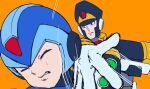  2boys amuro_ray android armor black_armor black_helmet blue_armor blue_eyes blue_helmet bright_noa chest_jewel clenched_teeth closed_eyes forehead_jewel gloves gundam hat headset helmet high_collar highres jewelry lemon_inu looking_at_another mega_man_(series) mega_man_x_(series) mobile_suit_gundam multiple_boys orange_background parody peaked_cap robot robot_ears shoulder_armor signas_(mega_man) simple_background slapping style_parody teeth white_gloves x_(mega_man) 