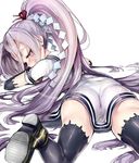  ass black_gloves black_legwear dress eyebrows gloves hair_ribbon hatsuharu_(kantai_collection) kantai_collection long_hair looking_at_viewer looking_back lying nekometaru on_stomach ponytail purple_eyes purple_hair ribbon sailor_dress simple_background solo thick_eyebrows thighhighs very_long_hair white_background 