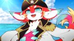 16:9 2020 4_claws 4_fingers anthro biped blue_eyes blue_markings blue_sky chest_tuft claws clothing cloud cloudy_sky day digital_drawing_(artwork) digital_media_(artwork) dragon dragon_tail dragonfruit_(character) fangs fingers fur furred_dragon furred_scalie hat headgear headwear hi_res hlg7777 inner_ear_fluff kemono light looking_at_viewer male markings multicolored_body multicolored_fur mythological_creature mythological_scalie mythology neck_tuft open_mouth open_smile outside paws pirate pirate_hat red_body red_fur scalie sea seascape shaded sky skyline smile smiling_at_viewer solo sun sunlight tail teeth tuft wallpaper water white_body white_clouds white_fur widescreen yellow_markings