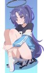  1girl absurdres bare_legs black_halo black_shirt blue_archive blue_background blue_jacket blue_shorts border crossed_ankles english_commentary full_body gradient_background grin gym_shorts half_updo halo head_tilt highres hugging_own_legs id_card jacket lanyard light_blush long_hair looking_at_viewer no_shoes off_shoulder official_alternate_costume open_clothes open_jacket outside_border pillarboxed purple_eyes purple_hair raised_eyebrows shadow shirt short_shorts shorts sidelocks sitting slad smile socks solo t-shirt track_jacket very_long_hair white_border white_socks yuuka_(blue_archive) yuuka_(track)_(blue_archive) 