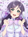  1girl absurdres alternate_hairstyle birthday blush commentary feathers green_eyes highres kyaku_tasu long_hair looking_at_viewer love_live! love_live!_school_idol_project purple_hair signature solo tojo_nozomi upper_body watermark wavy_hair white_feathers 
