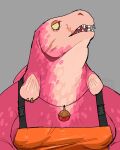 4:5 anthro apron areola areola_slip biped breasts clothing digital_media_(artwork) facial_piercing facial_scar female fin fin_piercing fish fish_hook fish_hook_piercing furgonomics furry-specific_piercing gills grey_background hi_res hook jagged_teeth jewelry kewpiekills lip_piercing looking_up marine maws_(splatoon) necklace nintendo piercing pink_body red_eyes salmonid_(splatoon) scar signature simple_background solo splatoon tongue_in_mouth