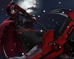  boots cape cross lepus moon pantyhose petals red_hair ruby_rose rwby scythe short_hair signed snow weapon wolf 