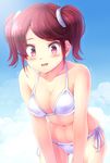  abs bad_id bad_pixiv_id bent_over bikini blush breasts cleavage cloud day highres komimiyako medium_breasts navel nonomura_ai parted_lips power_pro_kun_pocket red_eyes red_hair shiny shiny_skin short_hair side-tie_bikini sky smile solo swimsuit twintails 