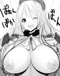  1girl areolae atago_(kantai_collection) breasts female flashing gloves huge_breasts kantai_collection long_hair monochrome nipples open_clothes open_mouth poin_(hidsuki) solo translated upper_body wink 