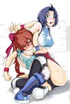  bad_id bad_pixiv_id blue_hair boots bow breasts brown_hair green_eyes hair_bow hair_ribbon highres knee_pads large_breasts leotard long_hair lucky_uchida multiple_girls nexas ponytail purple_eyes ribbon short_hair sweat thigh_boots thighhighs thunder_ryuko wrestle_angels wrestle_angels_survivor wrestling wrestling_outfit wrestling_ring 