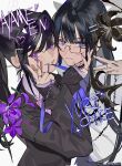  2girls absurdres ayame_en_(ouge_dz) biting_another&#039;s_clothes black-framed_eyewear black_flower black_hair black_jacket blazer blue_eyes blunt_bangs bow bowtie character_name closed_mouth collared_shirt corded_phone couple empty_eyes floral_background flower glasses grey_pupils grey_shirt hair_ornament hairclip hand_on_another&#039;s_chin hand_on_own_cheek hand_on_own_face heart heart_hair_ornament highres jacket jewelry layered_sleeves lily_(flower) lips long_hair long_sidelocks multiple_girls nail_art nail_polish neck_ribbon original ouge_dz pansy phone pink_bow pink_bowtie pink_lips purple_eyes purple_flower purple_hair purple_nails purple_ribbon purple_shirt ribbon ring shirt sidelocks sleeves_past_wrists sparkle straight_hair striped_bow striped_bowtie striped_clothes sweater_jacket swept_bangs twintails upper_body wedding_ring white_background white_jacket wife_and_wife yuri yuri_chie_(ouge_dz) 