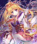  bad_id bad_pixiv_id blonde_hair bracelet cloud cross earrings flower gloves hair_ribbon jewelry kaitou_jeanne kamikaze_kaitou_jeanne kusakabe_maron long_hair long_sleeves looking_at_viewer magical_girl mikazuki_sara night obi petals plant ponytail purple_hair red_flower red_rose ribbon rose sash shirt skirt sky solo star_(sky) starry_sky tears very_long_hair vines white_gloves wide_sleeves 