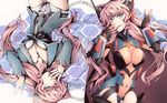  blue_eyes bodysuit breasts cleavage dual_persona headphones jacket kiri_(regulaton) large_breasts long_hair maria_cadenzavna_eve multiple_girls pink_hair senki_zesshou_symphogear shorts 