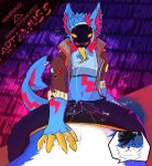 anthro artimuss blue_body blue_fur blush blush_lines bodily_fluids bottomwear breath bulge bulge_frottage bulge_lick canid canine canis clothed clothing duo ear_piercing erection erection_under_clothing fin fin_piercing fish fox frottage fur furgonomics furry-specific_piercing genital_fluids hand_on_belly hi_res humping hybrid in_heat industrial_piercing jacket licking machine male male/male mammal marine open_clothing open_jacket open_topwear panting pants penile penises_touching piercing precum precum_through_clothing precum_through_underwear protogen red_body red_fur saliva saliva_string sex shark sweet_tooth_(artimuss) throbbing throbbing_bulge tongue topwear underwear wet wet_clothing white_body white_fur wolf yellow_tongue