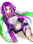  asymmetrical_clothes bandaid belt breasts chewing_gum genderswap green_eyes green_hair hand_on_hip highres jacket kha'zix kumiko_shiba large_breasts league_of_legends long_hair midriff multicolored_hair navel open_clothes open_jacket pants pink_hair scarf sidelocks single_pantsleg solo torn_clothes torn_pants two-tone_hair 