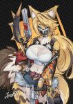  1girl absurdres animal_ear_fluff animal_ears belt belt_buckle breasts buckle cat_ears cat_tail cleavage crop_top denim denim_shorts dual_wielding finger_on_trigger fingerless_gloves furry furry_female gloves green_eyes gun highres holding holding_gun holding_weapon jamoart large_breasts long_hair mask midriff mouth_mask navel pulchra_fellini shorts signature striped_hair tail weapon zenless_zone_zero 
