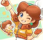  artist_name baby baby_daisy blue_eyes brown_hair closed_eyes cropped_jacket dual_persona earrings fingerless_gloves gloves highres jacket jewelry long_hair looking_at_viewer mario_(series) mario_kart mario_kart_world one_eye_closed orange_gloves orange_jacket pacifier princess_daisy princess_daisy_(touring) smile star_(symbol) suruga_kanade zipper_pull_tab 