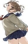  1girl absurdres bags_under_eyes blonde_hair blue_sailor_collar blue_skirt blunt_bangs boku_no_hero_academia breasts cardigan closed_mouth double_bun fengling_(furin-jp) hair_bun highres long_sleeves looking_at_viewer messy_hair neckerchief pleated_skirt red_neckerchief sailor_collar school_uniform serafuku short_hair sidelocks simple_background skirt smile solo toga_himiko white_background yellow_cardigan yellow_eyes 