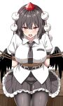  1girl absurdres arms_behind_back bdsm belt bird_wings black_pantyhose black_skirt black_wings blush bondage bound breasts brown_hair collared_shirt commentary english_commentary frilled_skirt frills hat highres large_breasts looking_at_viewer medium_hair open_mouth pantyhose pom_pom_(clothes) red_eyes red_hat restrained rise_(rise19851203) rope shameimaru_aya shirt simple_background sitting skirt solo sweatdrop tokin_hat touhou white_background white_shirt wings 