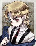  1boy blonde_hair blue_jacket blush border character_name child curtained_hair dio_brando dress_shirt earrings eyelashes head_down jacket jewelry jojo_no_kimyou_na_bouken looking_at_viewer male_focus medium_hair necktie outside_border parted_bangs phantom_blood red_eyes red_necktie sen_(aypj8447) shirt sketch solo stud_earrings upper_body 