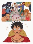  2girls 6+boys antlers birthday_cake black_hair blue_skin blush brook_(one_piece) cake colored_skin commentary_request confetti cross curly_eyebrows facial_hair food franky_(one_piece) goatee green_hair hair_over_one_eye half_updo horns jinbe_(one_piece) long_hair long_nose looking_at_viewer monkey_d._luffy multiple_boys multiple_girls mustache nami_(one_piece) nico_robin one_piece open_mouth pink_tank_top red_shirt reindeer_antlers roronoa_zoro sanji_(one_piece) scar scar_across_eye scar_on_face sharp_teeth shirt short_hair simple_background skeleton sparkle straw_hat_pirates tank_top teeth telushake_opnk tony_tony_chopper upper_body usopp white_background 