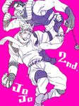  bad_id bad_pixiv_id belt black_hair boots caesar_anthonio_zeppeli crop_top facial_mark feathers fingerless_gloves floating gloves hair_feathers headband jojo_no_kimyou_na_bouken joseph_joestar_(young) knee_pads male_focus mask midriff multiple_boys muscle pink_background scarf simple_background sleeveless sleeveless_turtleneck turtleneck usagi_(1988) 