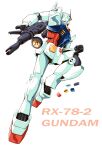  absurdres armor bayshoreidol beam_rifle blue_armor character_name clenched_hand color_guide commentary energy_gun english_commentary full_body gun gundam highres holding holding_gun holding_weapon knee_up mecha mecha_focus mobile_suit mobile_suit_gundam multicolored_armor profile red_armor robot rx-78-2_gundam science_fiction solo v-fin weapon white_armor 