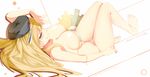  atago_(kantai_collection) bikini blonde_hair breasts commentary hand_to_forehead hat hews_hack kantai_collection large_breasts long_hair looking_at_viewer lying naughty_face navel smile solo swimsuit untied untied_bikini yellow_eyes 