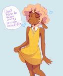 anthro blonde_hair blouse blue_background bovid brown_body brown_fur caprine clothed clothing crossdressing curly_hair dani_(heresvix) dialogue english_text eyes_closed femboy fur hair heresvix hi_res male mammal sheep simple_background smile solo speech_bubble text topwear
