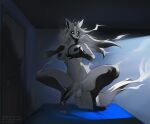 anthro bodily_fluids bone breasts canid canine full-length_portrait fur genitals hair hi_res intersex long_tongue mammal monster nude open_mouth penis portrait pulred ring scp-1471 scp-1471-a scp_foundation skull skull_head solo_focus tongue white_body white_hair