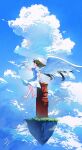  1girl angel angel_wings arm_at_side arm_support barefoot black_eyes blue_sky brown_hair cloud cloudy_sky commentary_request cumulonimbus_cloud dress floating_hair floating_island from_side grass hand_up highres holding holding_paper_airplane ito_yoshi japanese_cylindrical_postbox long_hair no_mouth original paper_airplane postbox_(outgoing_mail) scenery short_sleeves sitting sitting_on_object sky solo very_long_hair waving_legs white_dress white_wings wide_shot wings 