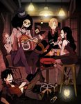  1girl 4boys alcohol black_hair blonde_hair brook drinking hat jukebox lamp monkey_d_luffy multiple_boys nico_robin one_piece sanji sitting sleeping table tony_tony_chopper waistcoat wine wine_glass wineglass 