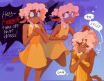 anthro blonde_hair blouse bodily_fluids bovid brown_body brown_fur caprine censored_text clothing crying curly_hair dani_(heresvix) dialogue english_text femboy fur hair heresvix hi_res homophobia male mammal purple_background sheep simple_background solo speech_bubble tears teary_eyes text topwear wide_eyed