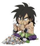  +++ 1boy bidarian black_eyes black_hair boots broly_(dragon_ball_super) candy candy_bar chibi clenched_hands dragon_ball dragon_ball_super_broly eating food frown full_body legs_crossed looking_down male_focus nipples puffy_cheeks purple_legwear scar shaded_face shirtless short_hair simple_background sitting spiked_hair white_background wristband 